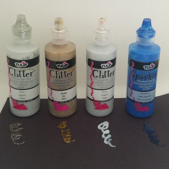 Tulip Fabric Glitter Paint 4 oz 5 Pack of Two Silver, Crystal, Gold & Blueberry - Picture 2 of 16